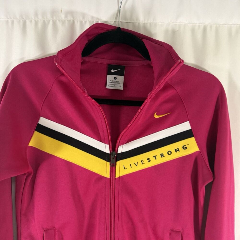 Livestrong Nike Jacket Women's Small Pink Striped Full Zip Pockets Turtleneck - Picture 2 of 9